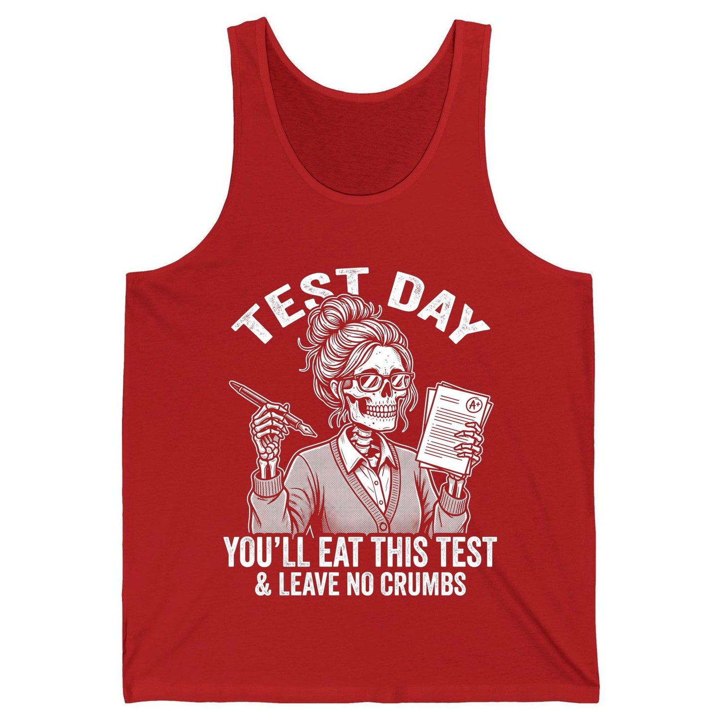 You'll Eat This Test & Leave No Crumbs Funny Day Tank Top - product mockup - Red