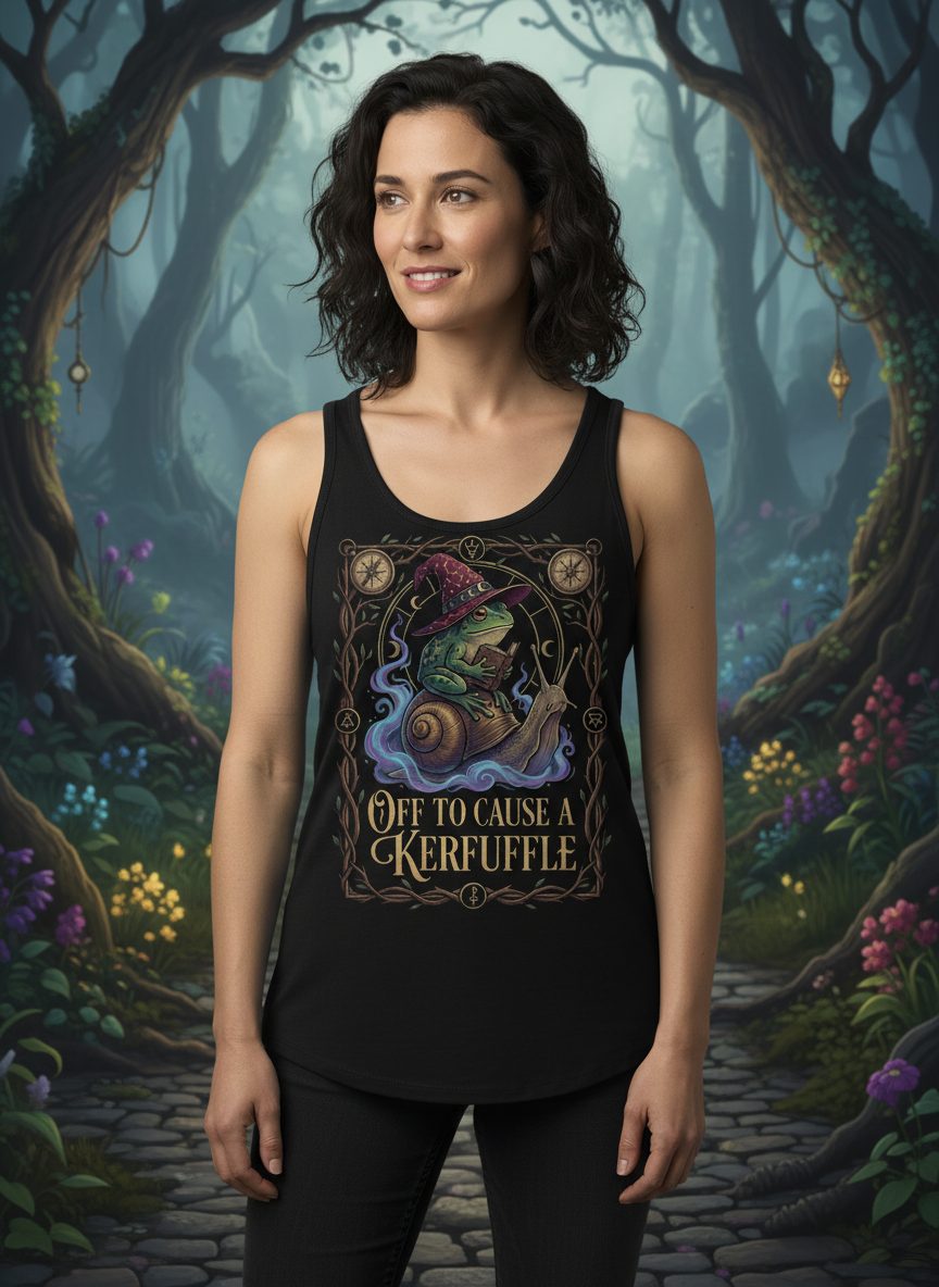 Off to Cause a Kerfuffle frog wizard Tank Top Black lifestyle mockup