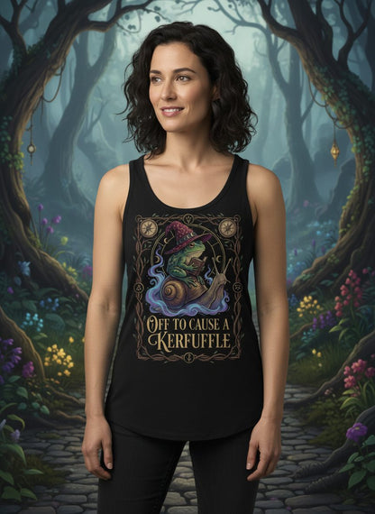 Off to Cause a Kerfuffle frog wizard Tank Top Black lifestyle mockup