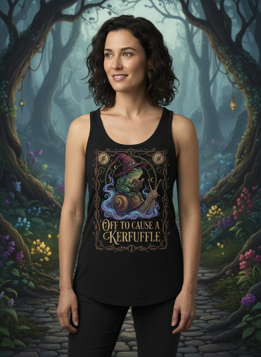 Off to Cause a Kerfuffle frog wizard Tank Top Black lifestyle mockup