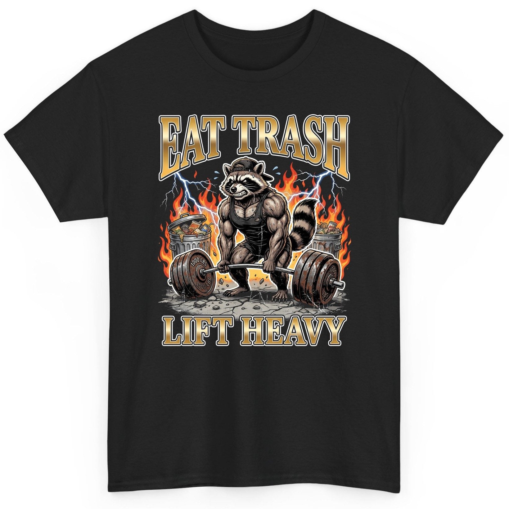 Eat Trash Lift Heavy weightlifting raccoon T-Shirt Black product mockup