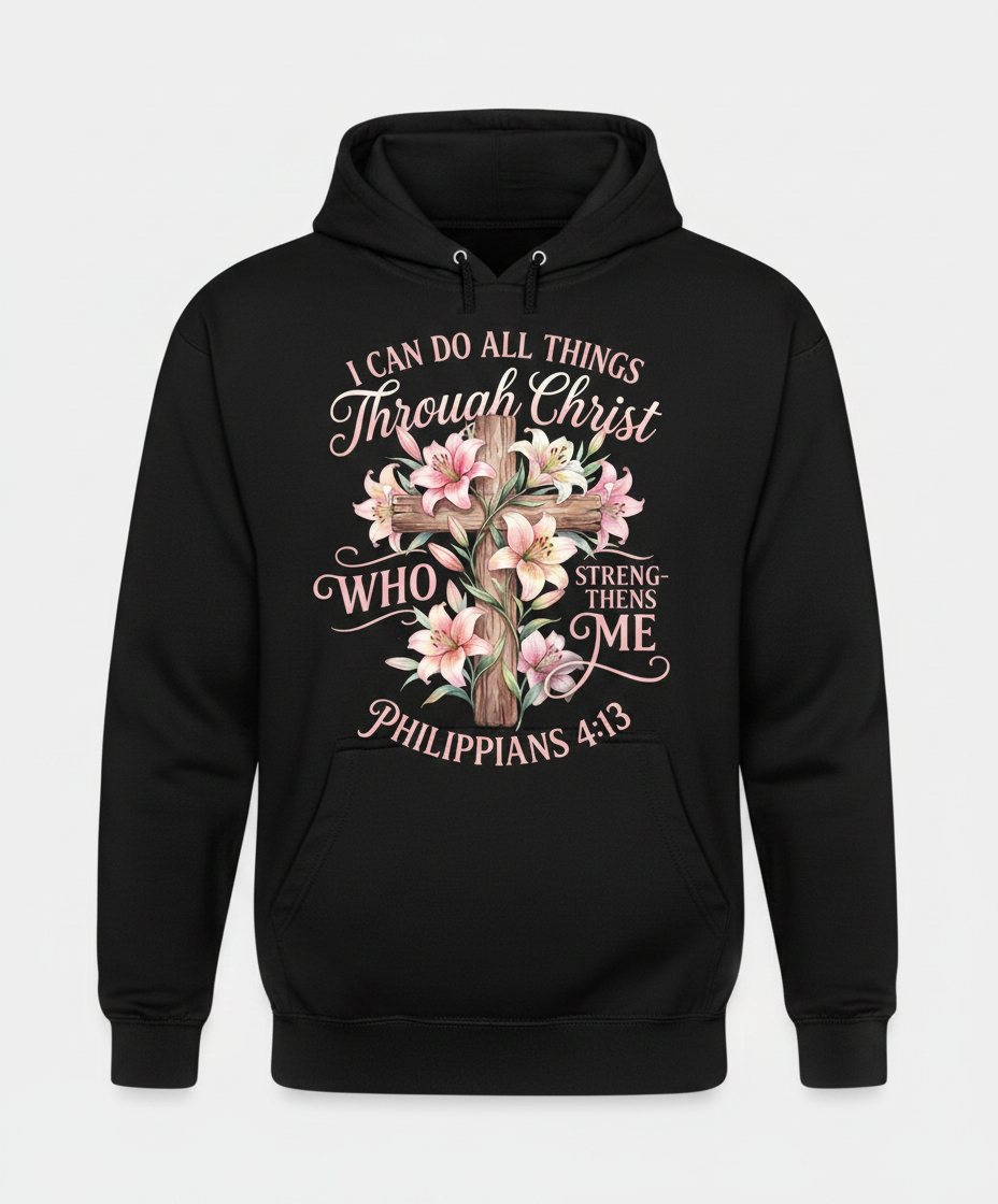 Philippians 4:13 I Can Do All Things Through Christ Cross and Lilies Hoodie - Black