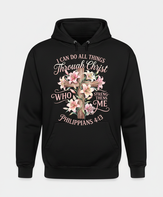Philippians 4:13 I Can Do All Things Through Christ Cross and Lilies Hoodie - Black
