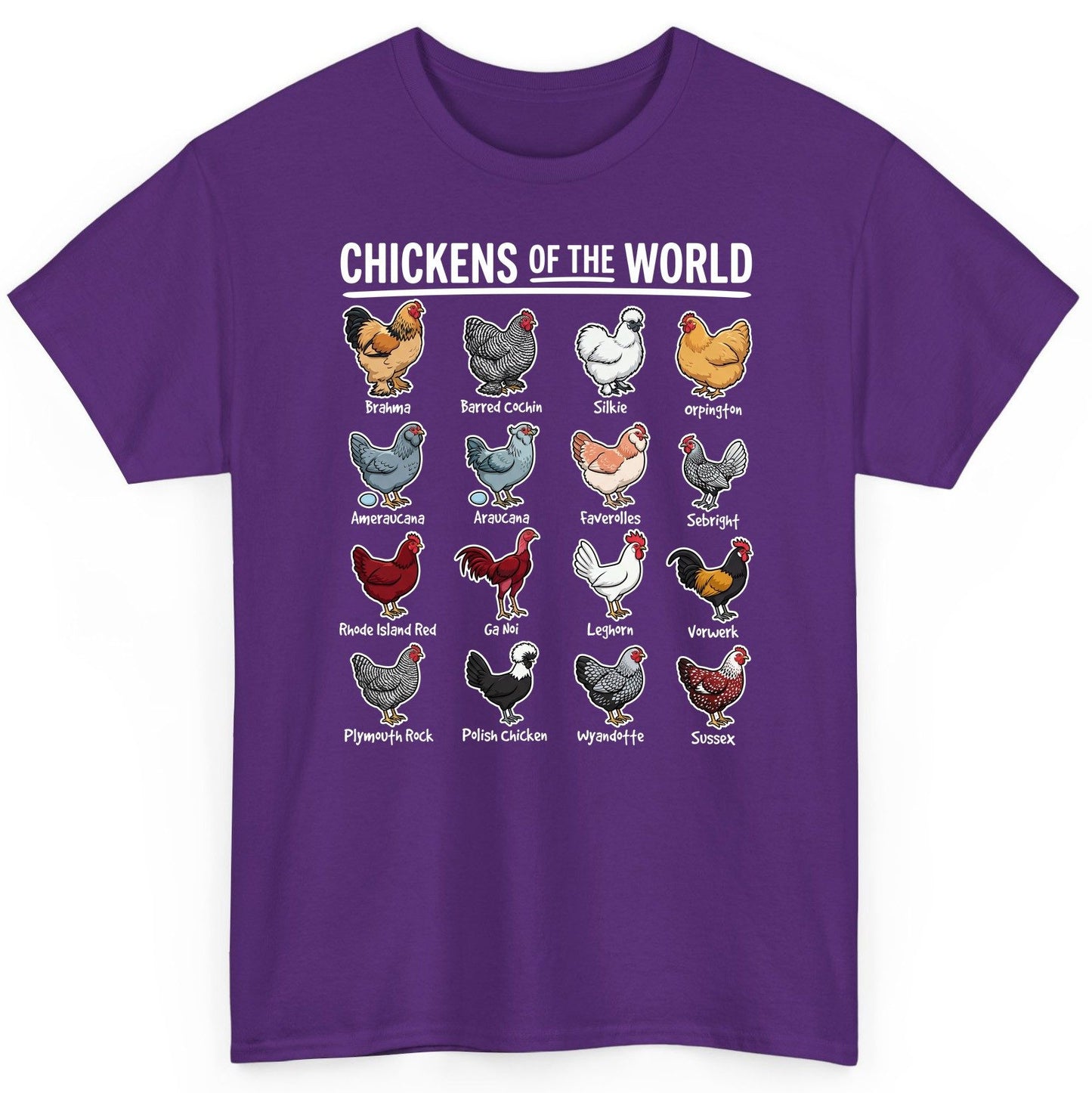 Chickens of the World chicken breeds T-Shirt Purple product mockup