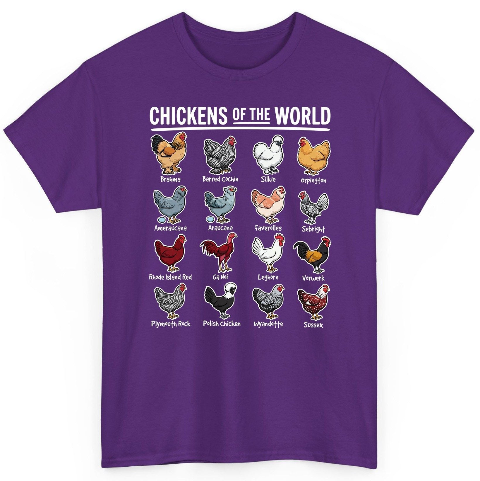 Chickens of the World chicken breeds T-Shirt Purple product mockup