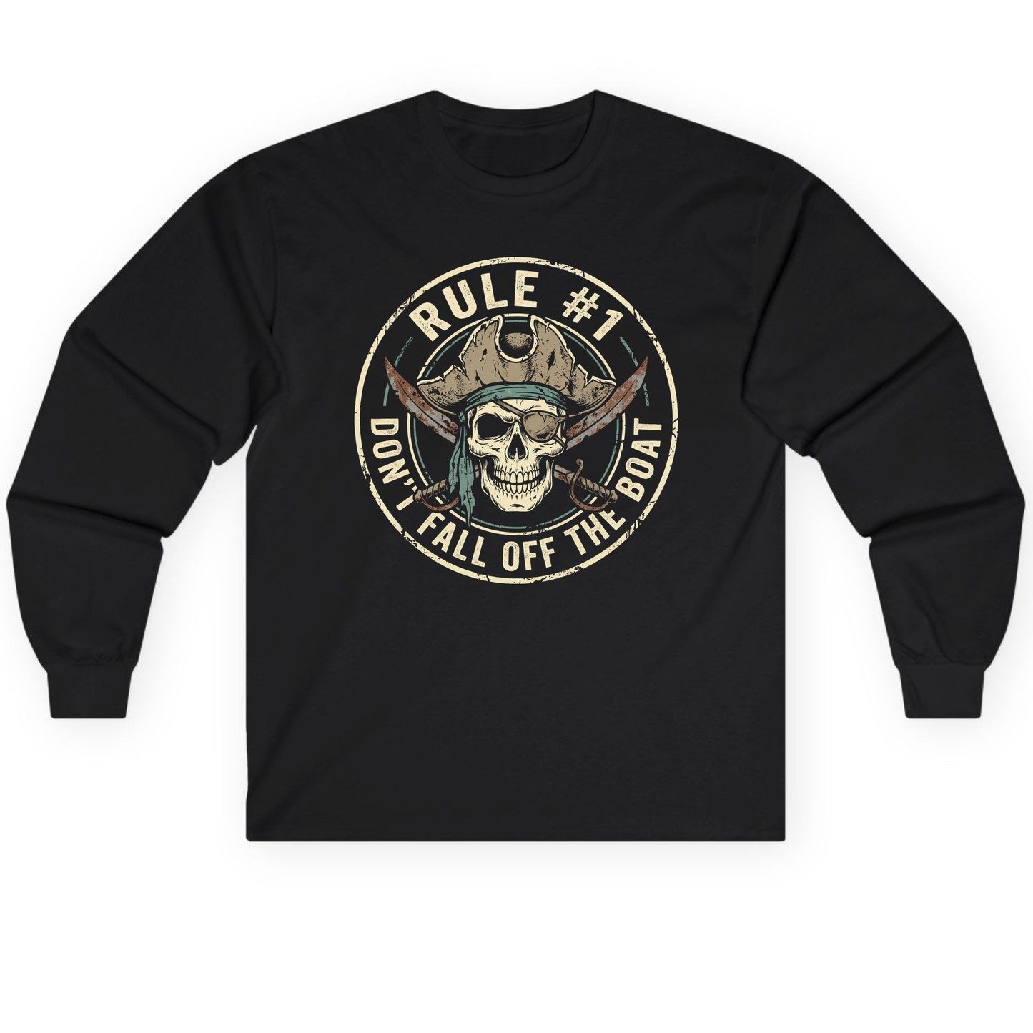 Rule 1 Don't Fall Off the Boat pirate Long Sleeve Tee Black product mockup