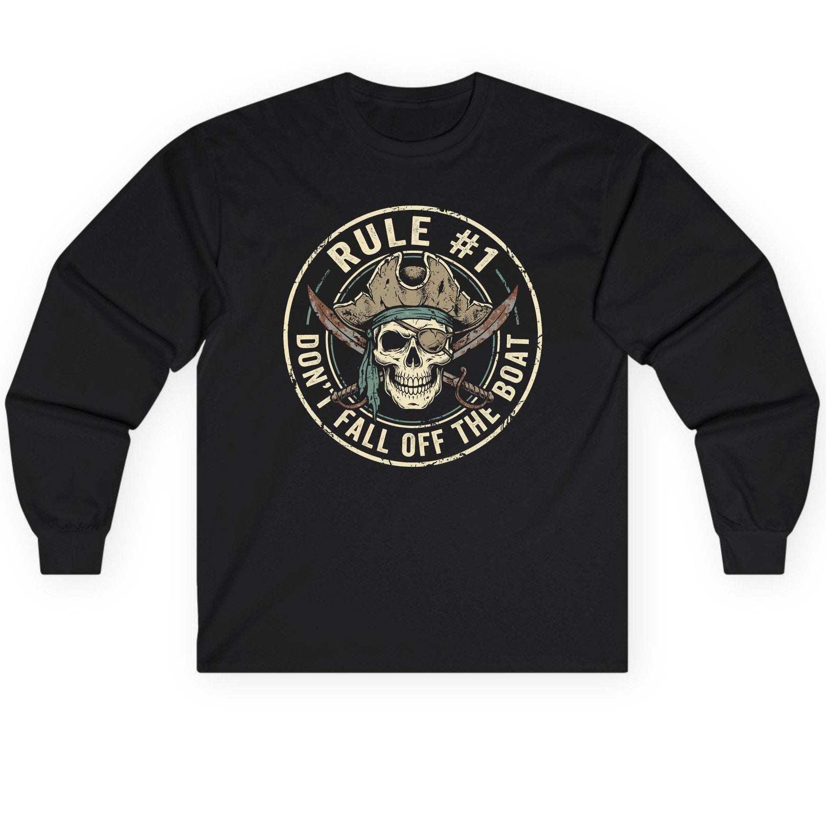 Rule 1 Don't Fall Off the Boat pirate Long Sleeve Tee Black product mockup