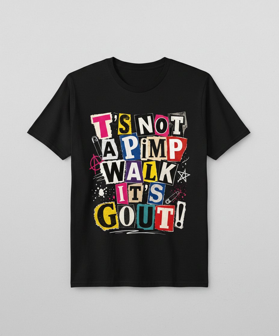 T's Not a Pimp Walk It's Gout Funny Humor T-Shirt - product mockup - Black