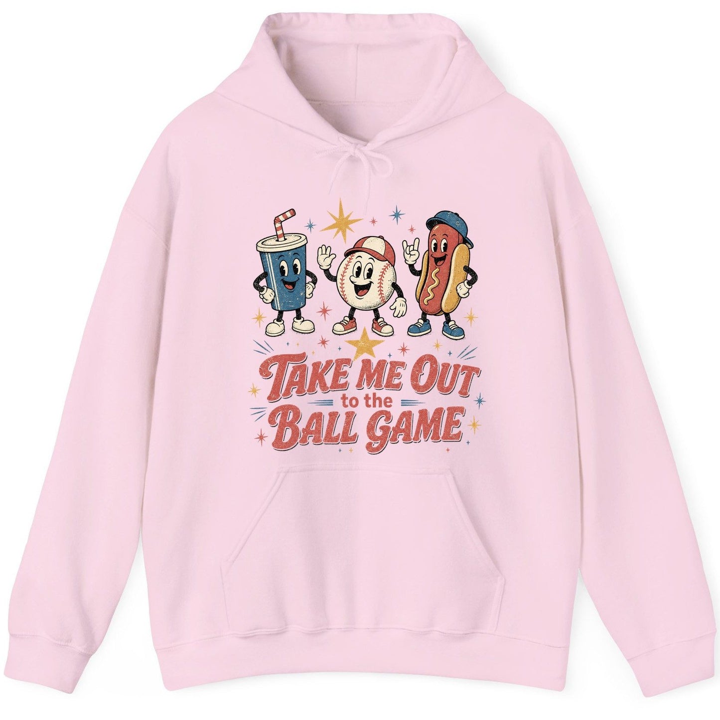 Take Me Out to the Ball Game Retro Baseball Hoodie - product mockup - Light Pink