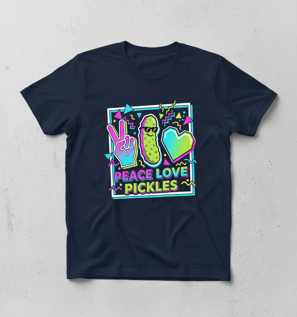 Peace Love Pickles Retro 80s 90s Style Design T-Shirt - Navy