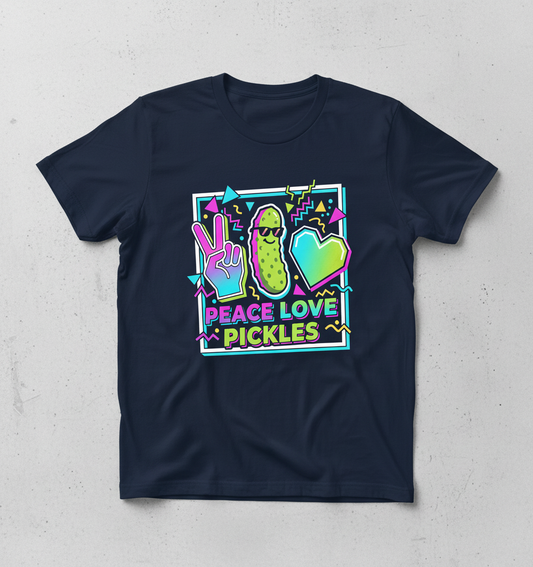 Peace Love Pickles Retro 80s 90s Style Design T-Shirt - Navy