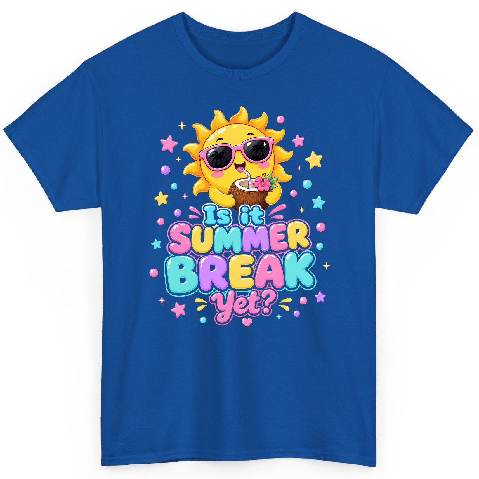 Is It SUMMER BREAK Yet Funny Vacation T-Shirt - product mockup - Royal