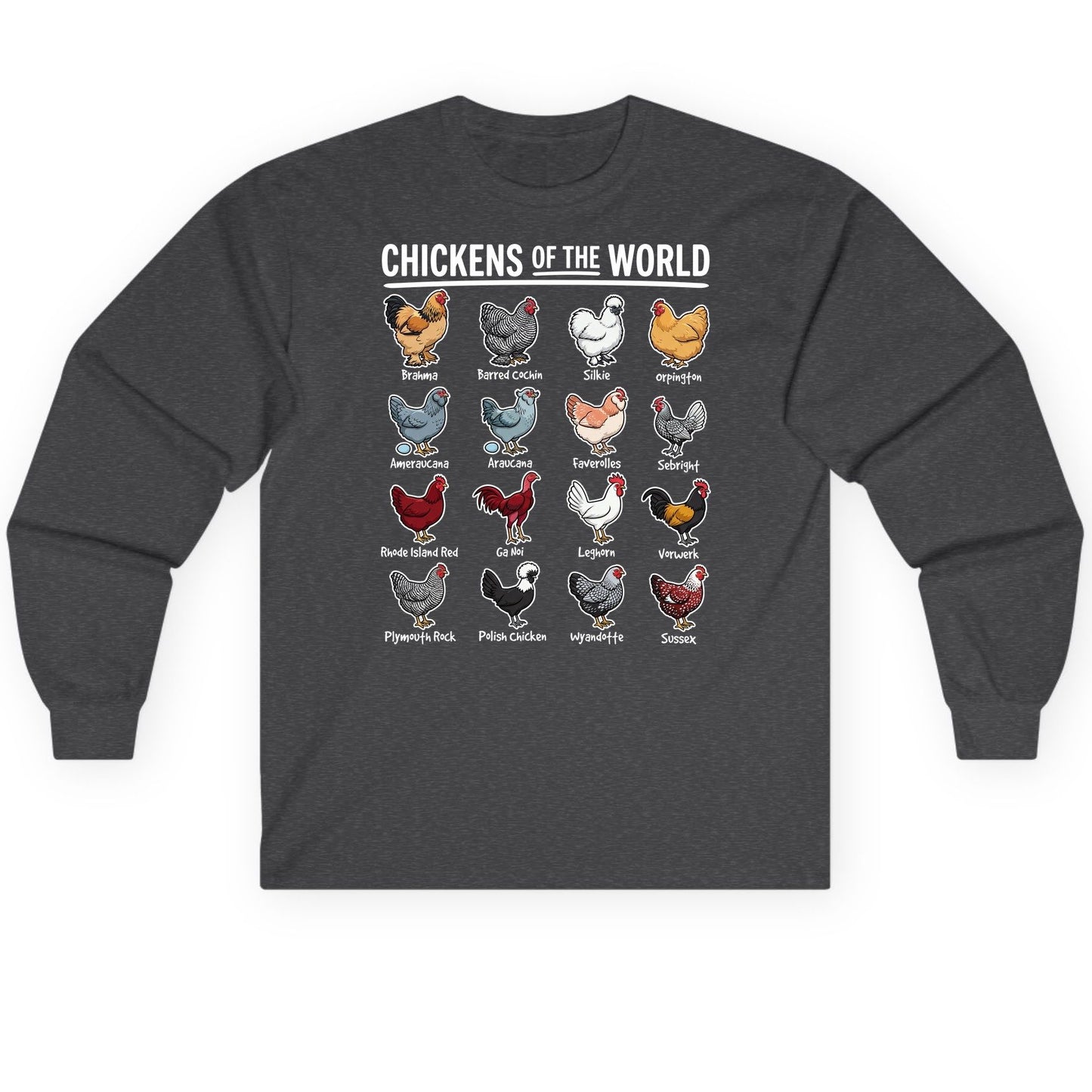 Chickens of the World chicken breeds Long Sleeve Tee Dark Heather product mockup