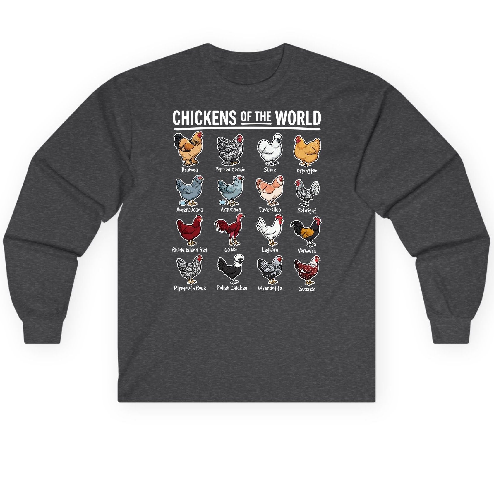 Chickens of the World chicken breeds Long Sleeve Tee Dark Heather product mockup