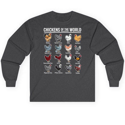 Chickens of the World chicken breeds Long Sleeve Tee Dark Heather product mockup