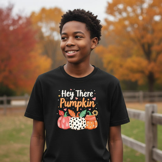 Hey There Pumpkin fall pumpkins Youth T-Shirt Black lifestyle mockup