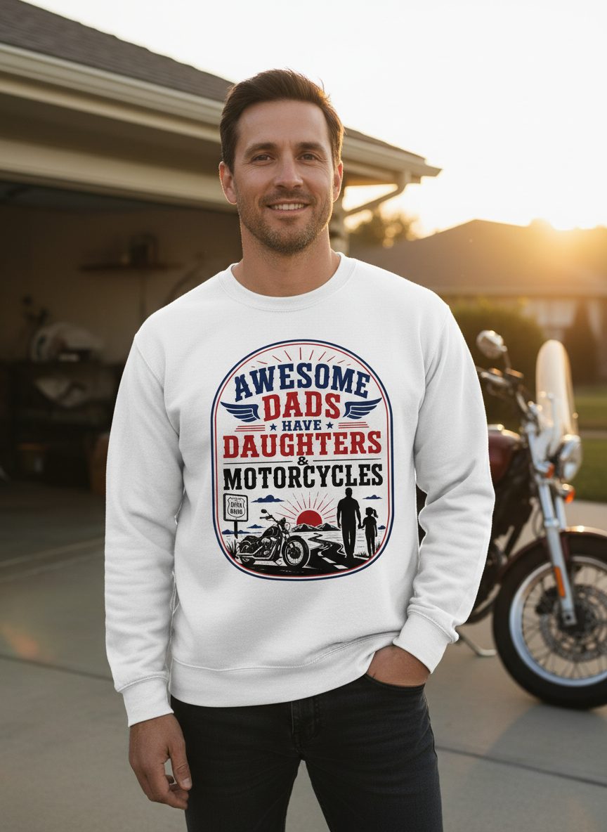 Awesome Dads Have Daughters & Motorcycles biker dad Sweatshirt White lifestyle mockup