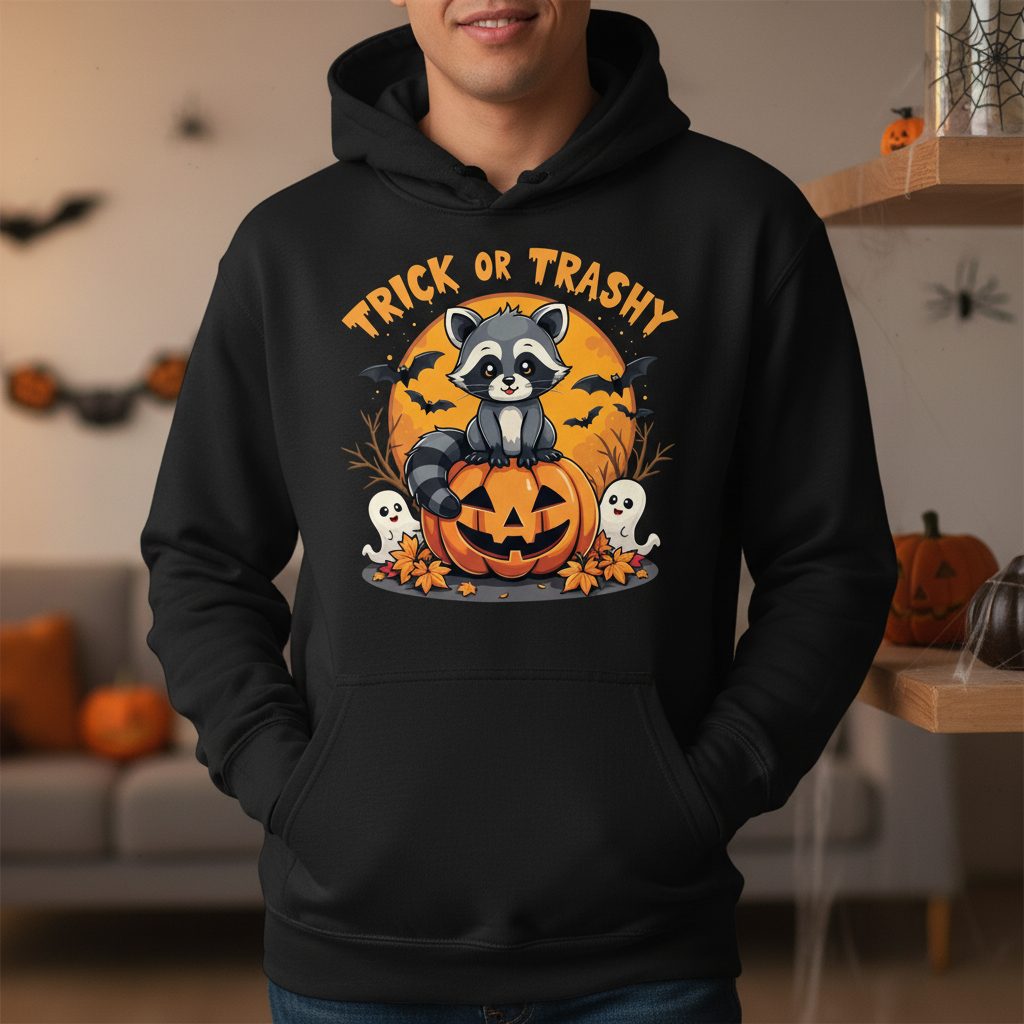 Trick or Trashy raccoon Hoodie Black lifestyle mockup