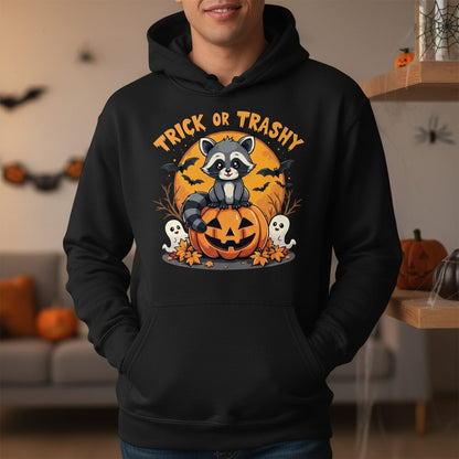 Trick or Trashy raccoon Hoodie Black lifestyle mockup