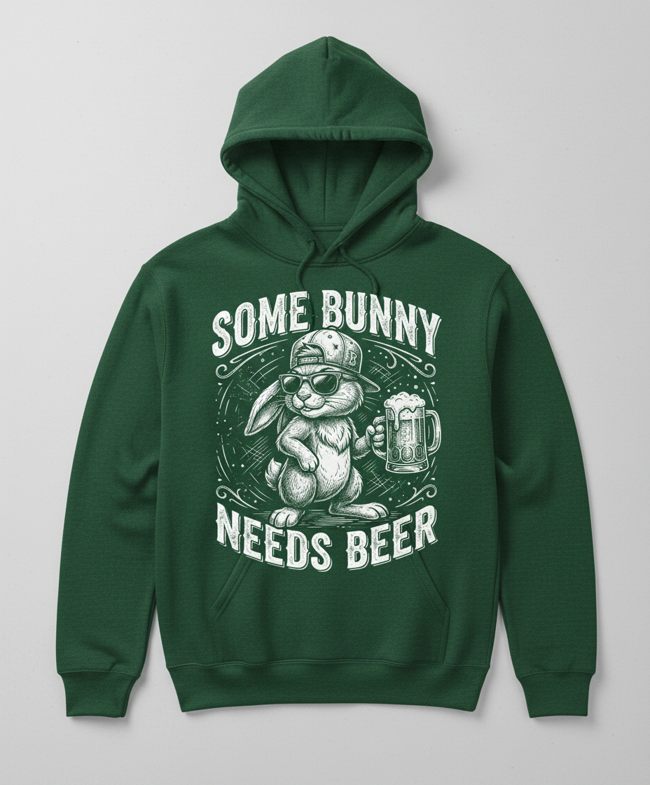 Some Bunny Needs Beer Funny Rabbit Drinking Design Hoodie - Forest Green