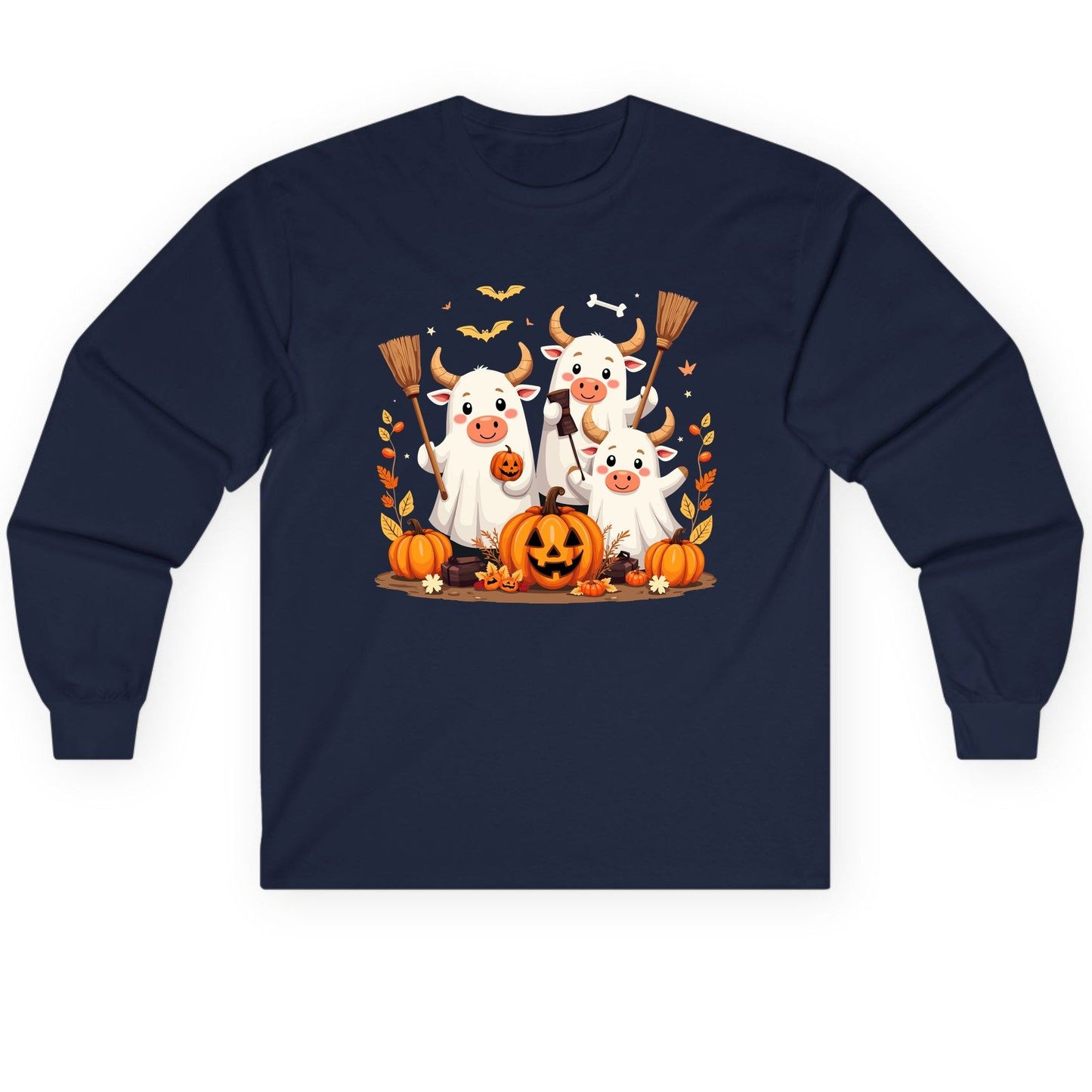 Cute Ghost Cows Halloween cows Long Sleeve Tee Navy product mockup