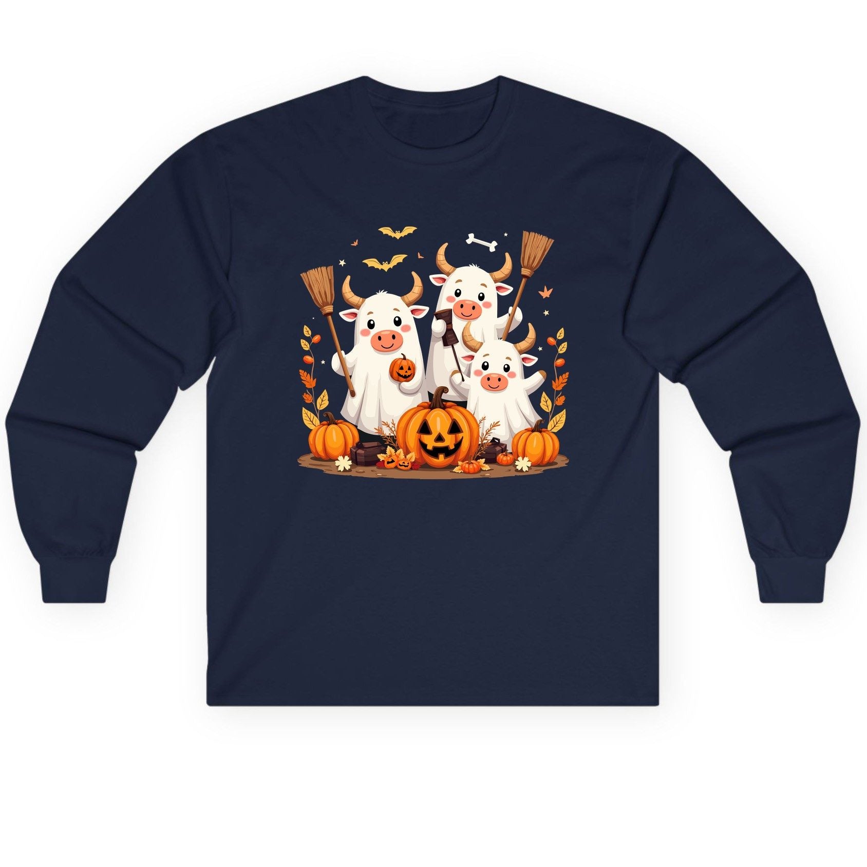Cute Ghost Cows Halloween cows Long Sleeve Tee Navy product mockup