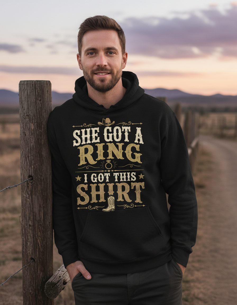 SHE GOT a RING I GOT THIS SHIRT Funny Bachelor Party Hoodie - lifestyle model mockup - Black