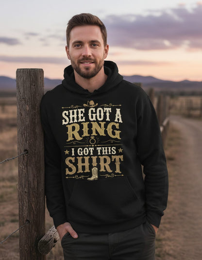 SHE GOT a RING I GOT THIS SHIRT Funny Bachelor Party Hoodie - lifestyle model mockup - Black