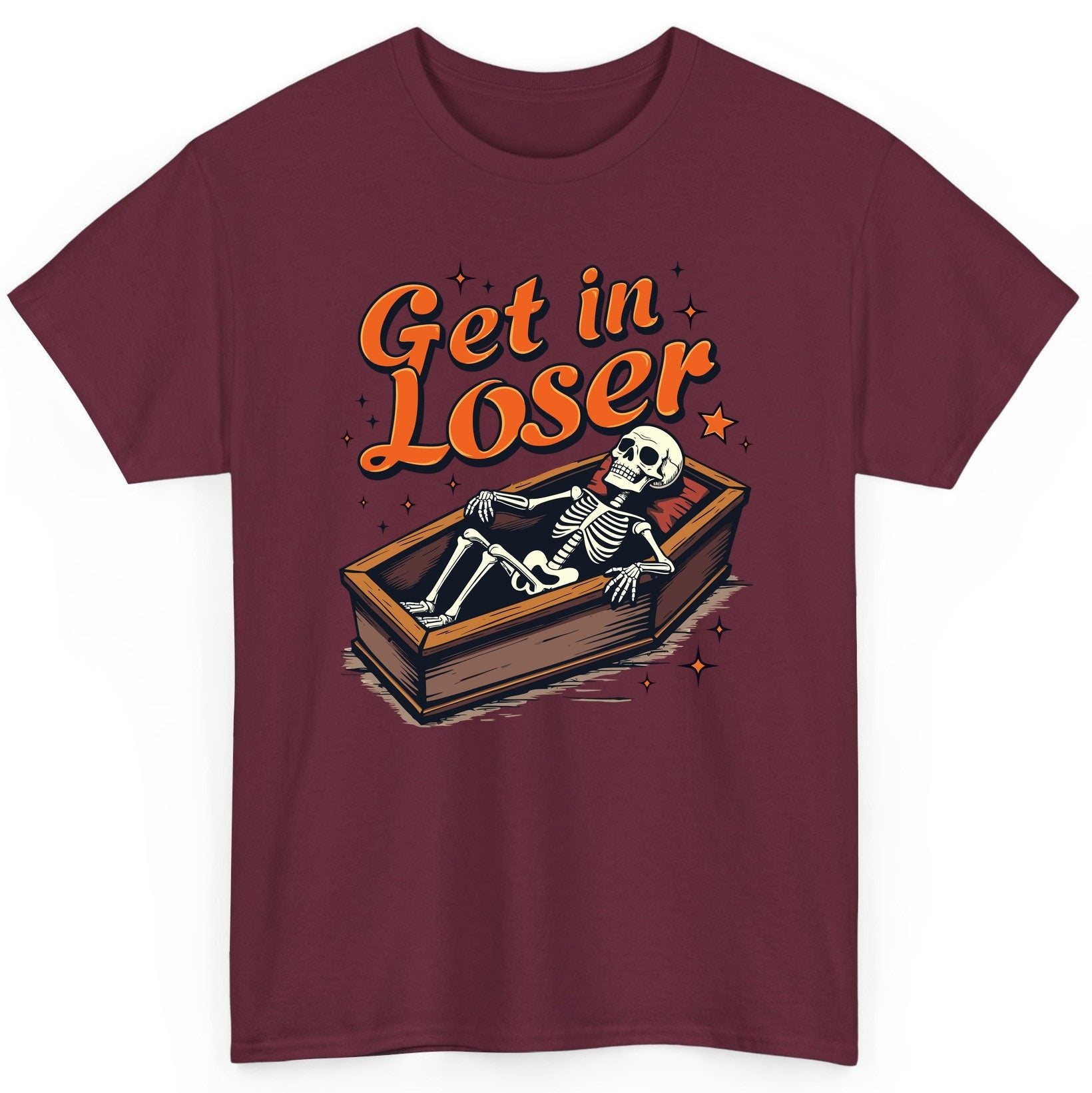 Get in Loser skeleton in coffin T-Shirt Maroon product mockup