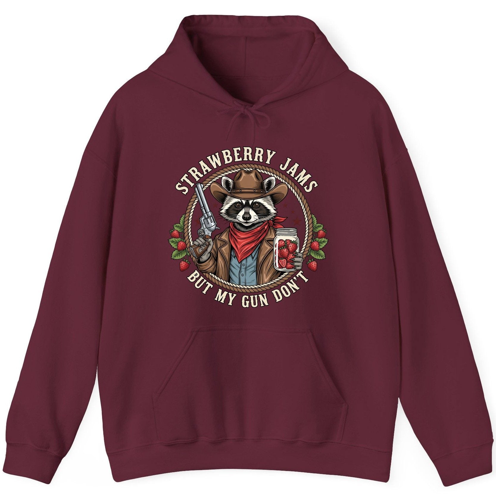 Strawberry Jams but My Gun Don't cowboy raccoon Hoodie Maroon product mockup