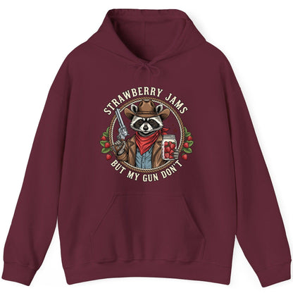Strawberry Jams but My Gun Don't cowboy raccoon Hoodie Maroon product mockup