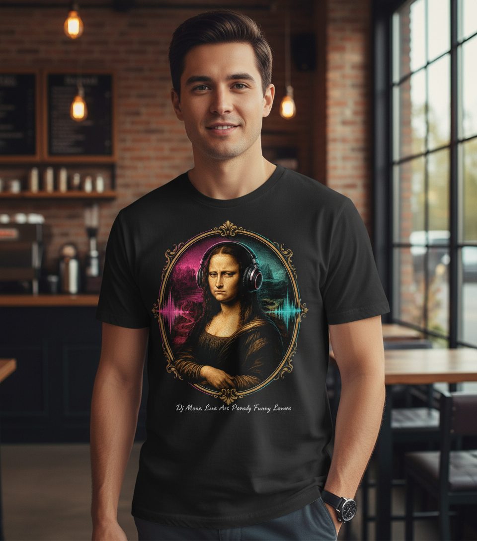 Dj Mona Lisa Art Parody Funny Lovers T-Shirt - lifestyle model mockup - Black