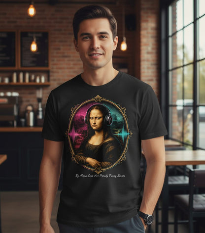 Dj Mona Lisa Art Parody Funny Lovers T-Shirt - lifestyle model mockup - Black