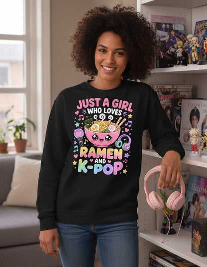 Just a Girl Who Loves Ramen and K-Pop K-Pop Fans Sweatshirt - lifestyle model mockup - Black