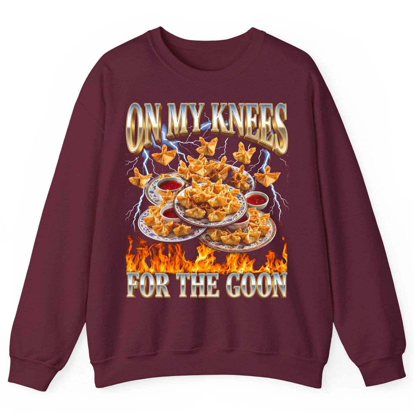 On My Knees for the Goon crab rangoon Sweatshirt Maroon product mockup