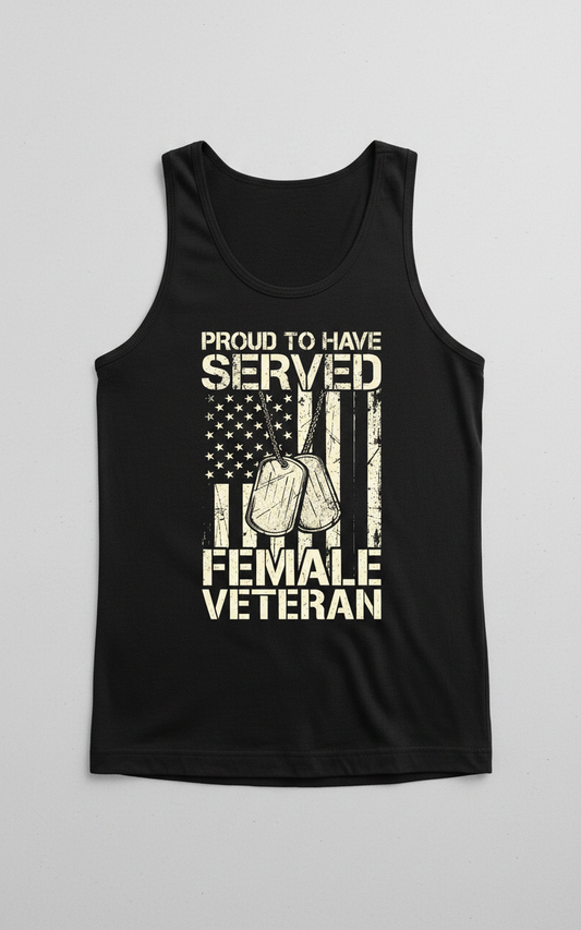 Proud Female Veteran American Flag Dog Tags Design Tank Top - Black