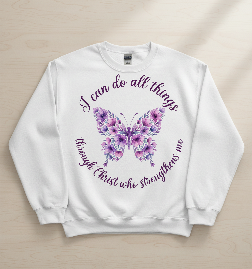 Floral Butterfly 'I can do all things through Christ' Bible Verse Sweatshirt - White