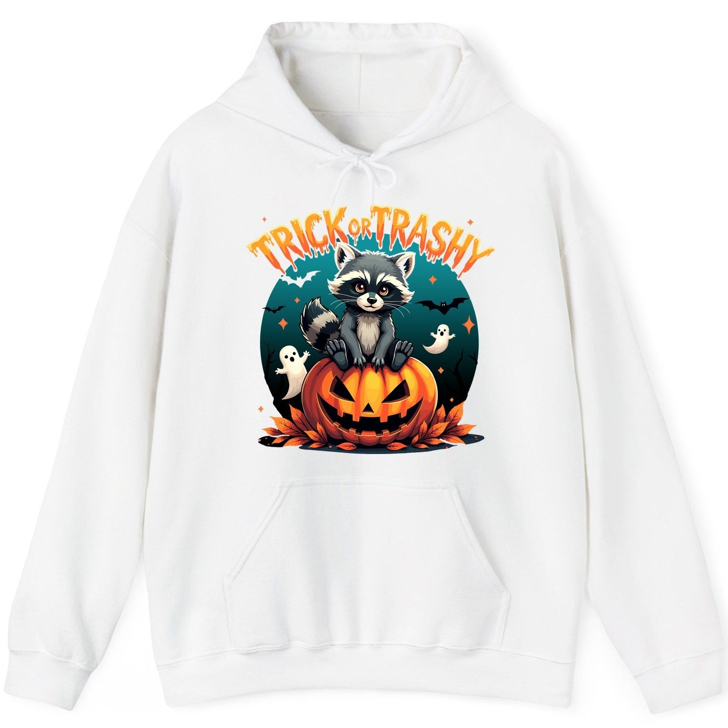 Trick or Trashy Halloween raccoon Hoodie White product mockup