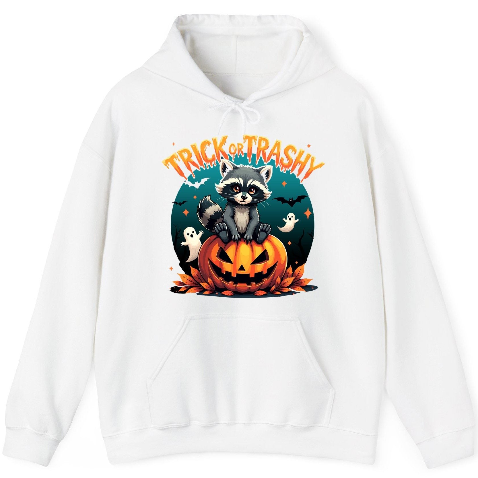 Trick or Trashy Halloween raccoon Hoodie White product mockup