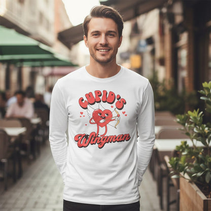 Cupid's Wingman Valentine's Day Long Sleeve Tee White lifestyle mockup