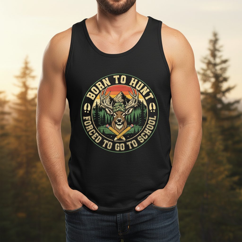 Born to Hunt Forced to Go to School hunting Tank Top Black lifestyle mockup