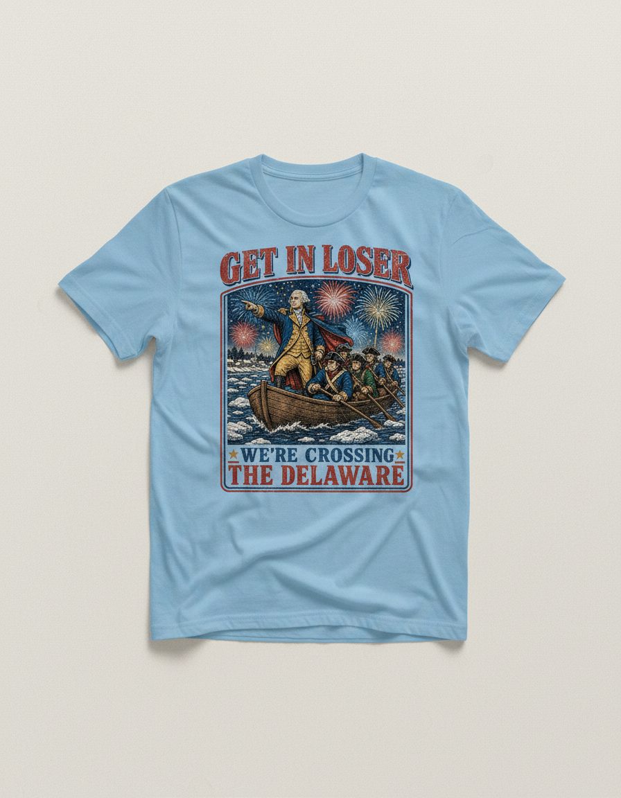 Get in Loser We're Crossing the Delaware T-Shirt - product mockup - Light Blue