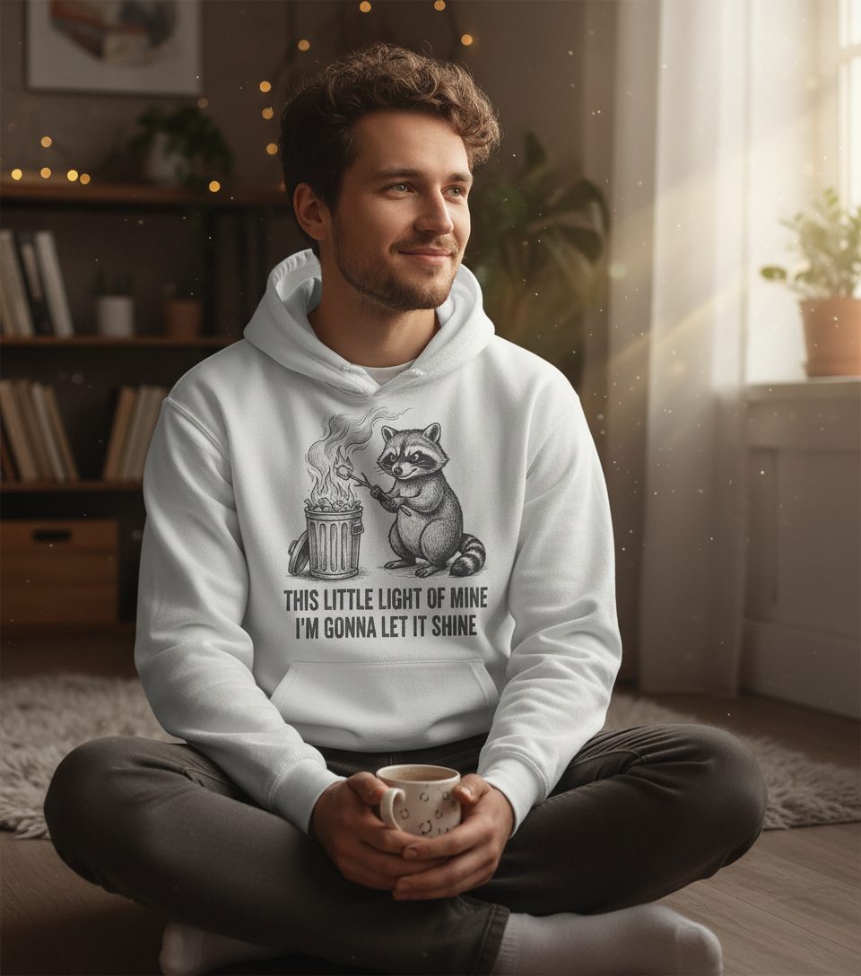 THIS LITTLE LIGHT OF MINE I'M GONNA LET IT SHINE Raccoon Hoodie White lifestyle mockup