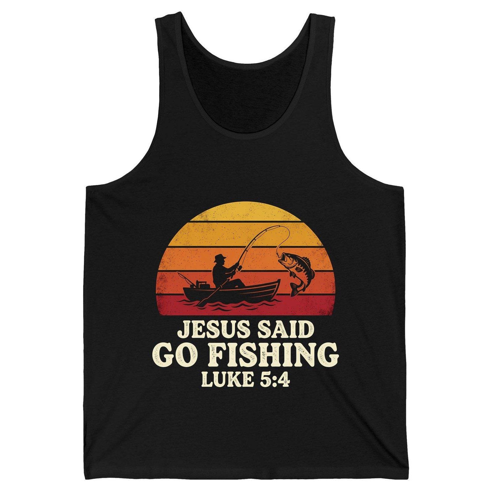 JESUS SAID GO Fishing LUKE 5 4 Retro Christian Tank Top - product mockup - Black
