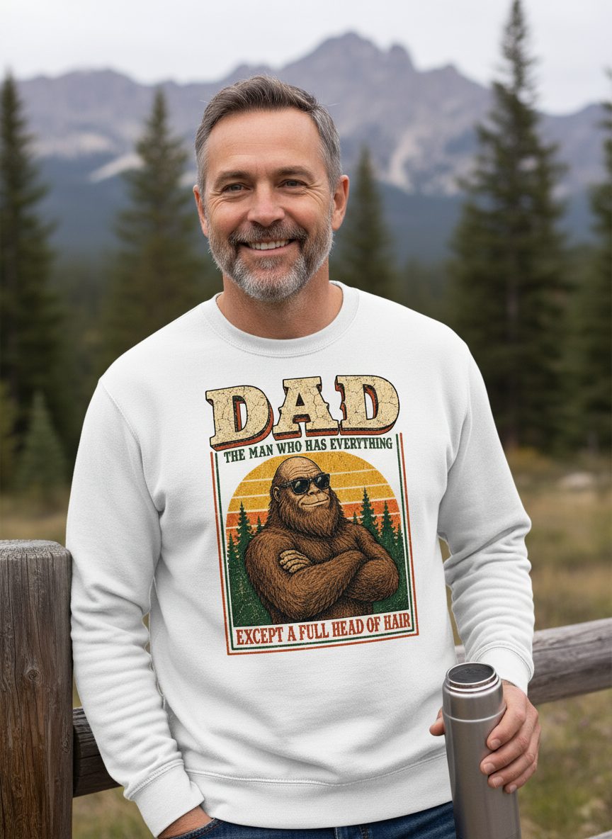 Dad the Man Who Has Everything Except a Full Head of Hair Funny Bigfoot Sweatshirt - lifestyle model mockup - White