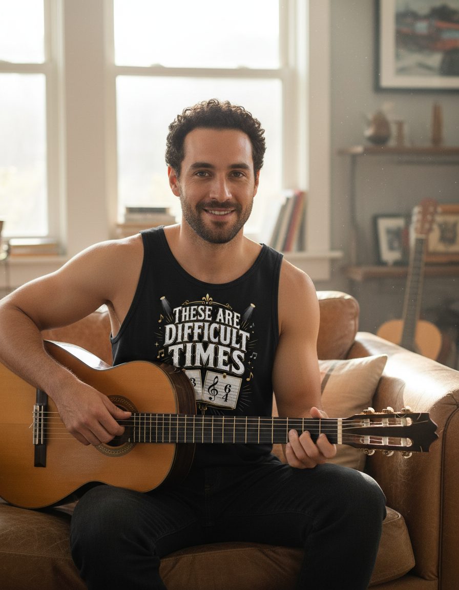 THESE ARE Difficult TIMES Funny Music Humor Tank Top - lifestyle model mockup - Black