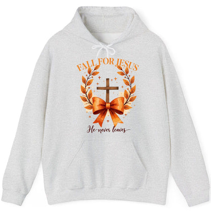 Fall for Jesus He Never Leaves christian faith Hoodie Ash product mockup