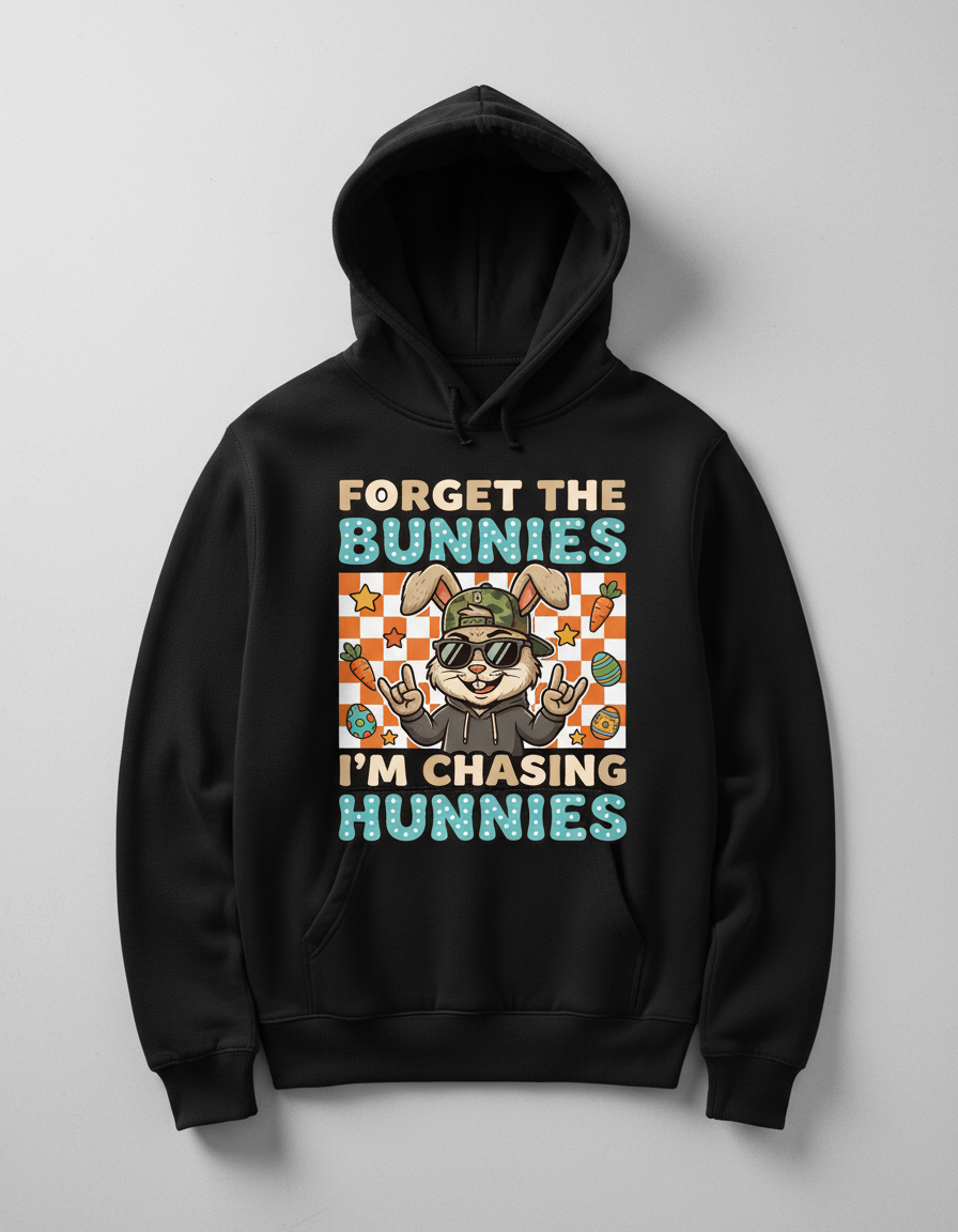 Funny Cool Easter Bunny Chasing Hunnies Design Hoodie - Black