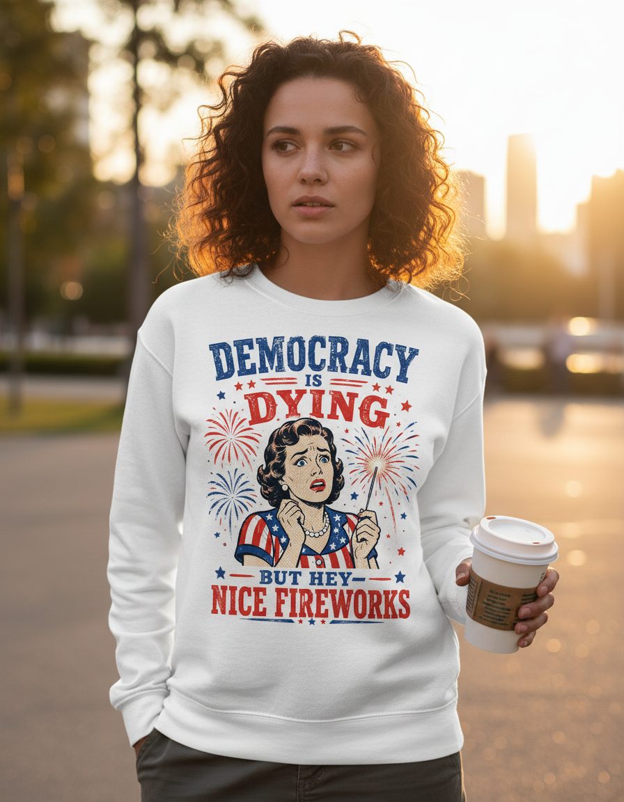 Democracy Is Dying but Hey Nice Fireworks Sweatshirt - lifestyle model mockup - White
