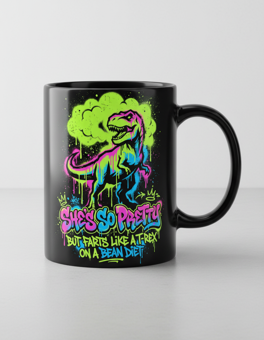 Funny T-Rex Graffiti Art 'She's So Pretty' Black Mug - Black